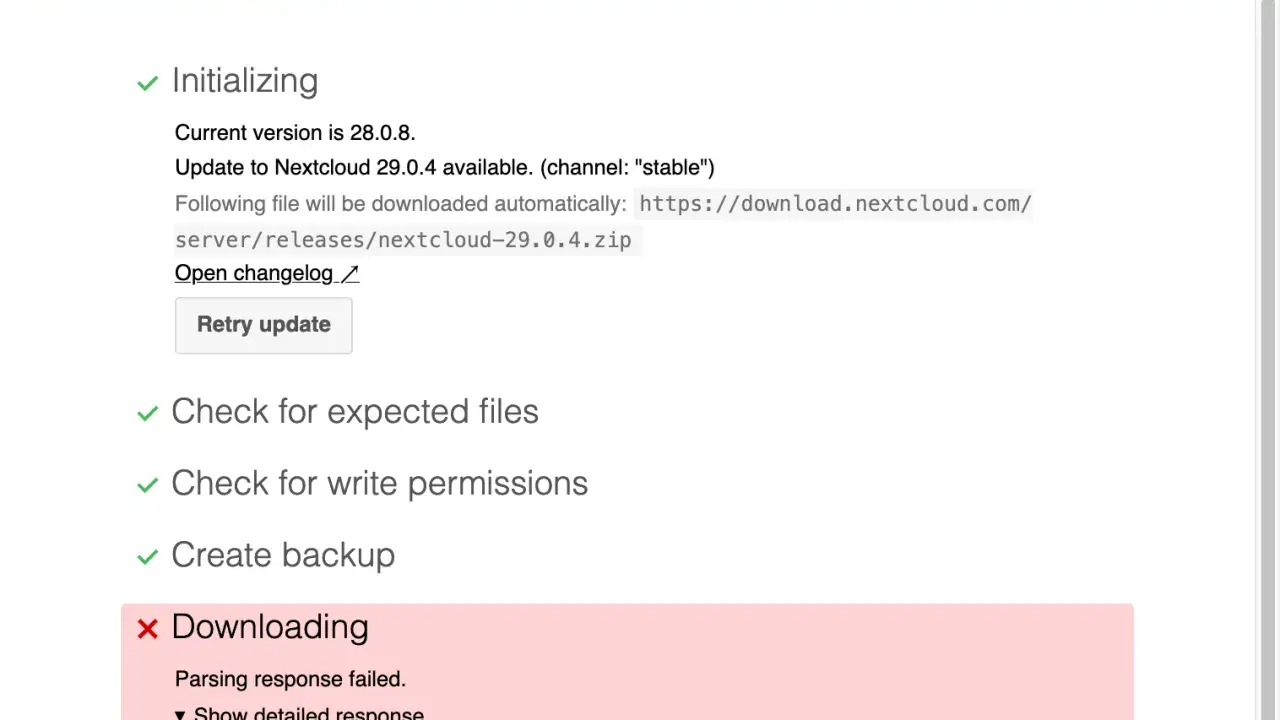 Update fehlgeschlagen: client denied by server configuration. Download von Nextcloud 29.0.4 nicht möglich.