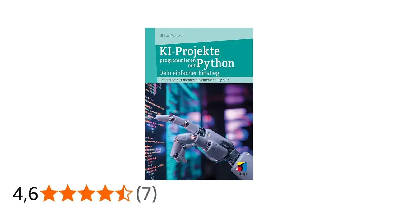 Buchcover: KI-Projekte programmieren mit Python. Ein Roboterfinger zeigt auf Code.