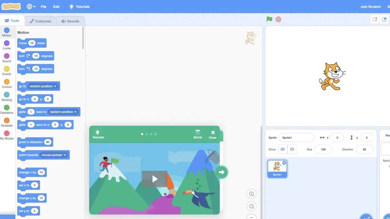 Scratch-Oberfläche mit Code-Blöcken für Bewegung, um programmieren spielerisch lernen zu ermöglichen. Eine Katze wartet auf Befehle.