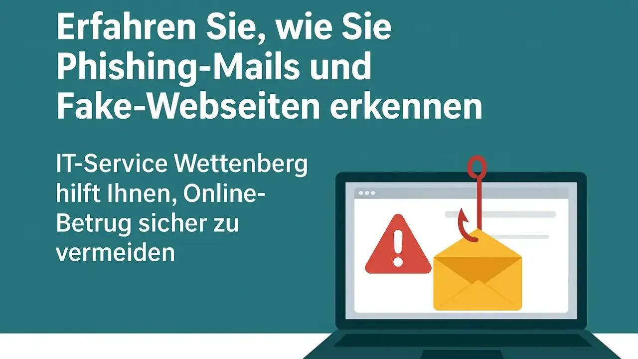 Ein Laptop zeigt eine Warnung und eine E-Mail, die von einem Haken gefischt wird. So erkennen Sie Phishing und betrügerische virus website.