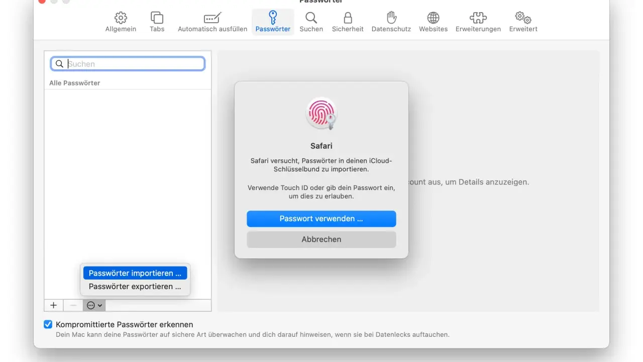 Safari-Passwortmanager-Fenster. Safari versucht, Passwörter zu importieren. Ein Dialog fragt nach Touch ID oder Passwort.