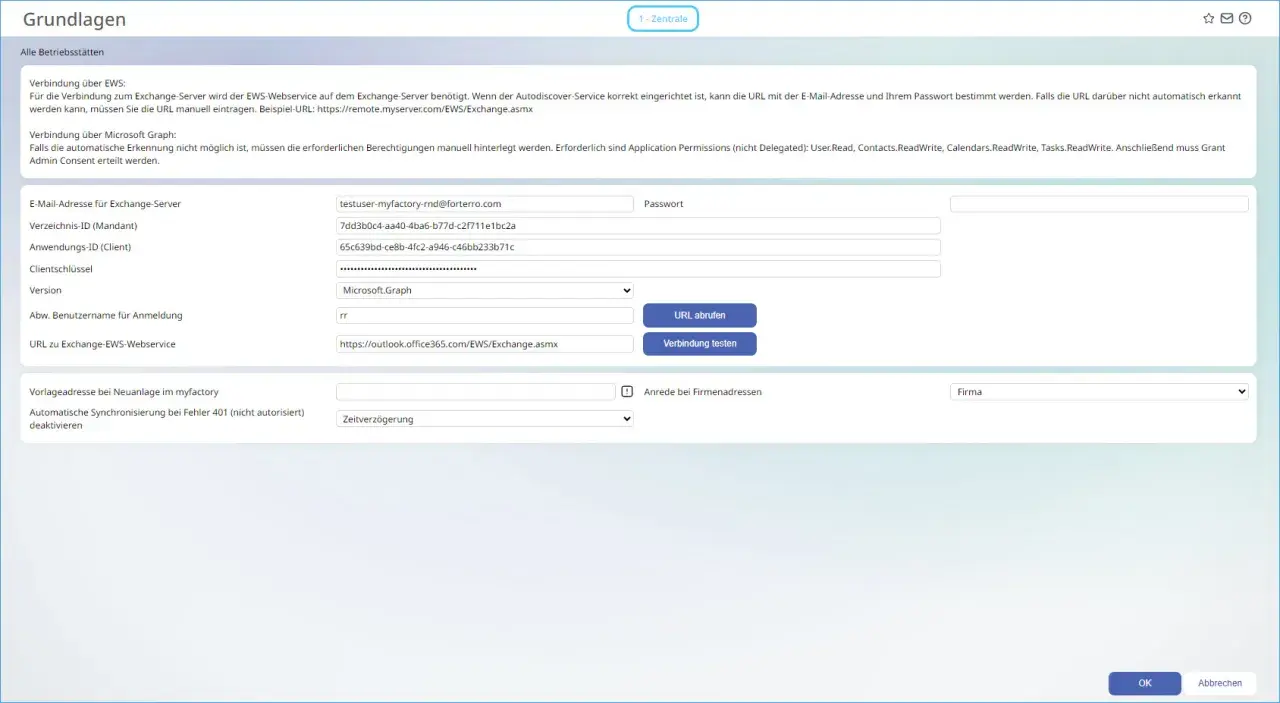 Einstellungen für die Exchange-Verbindung. Hier können Sie die E-Mail-Adresse, den Mandanten und die URL für den renew exchange certificate eintragen.