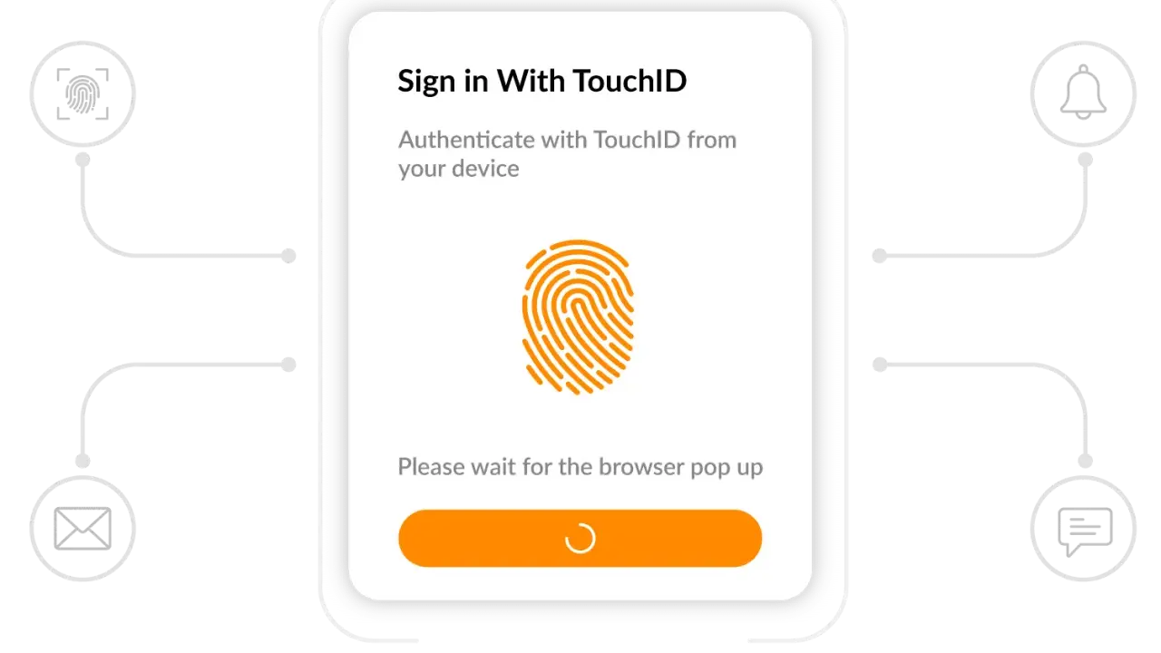 Login mit TouchID: passwortlose Authentifizierung durch Fingerabdruck. Warten auf Browser-Pop-up.