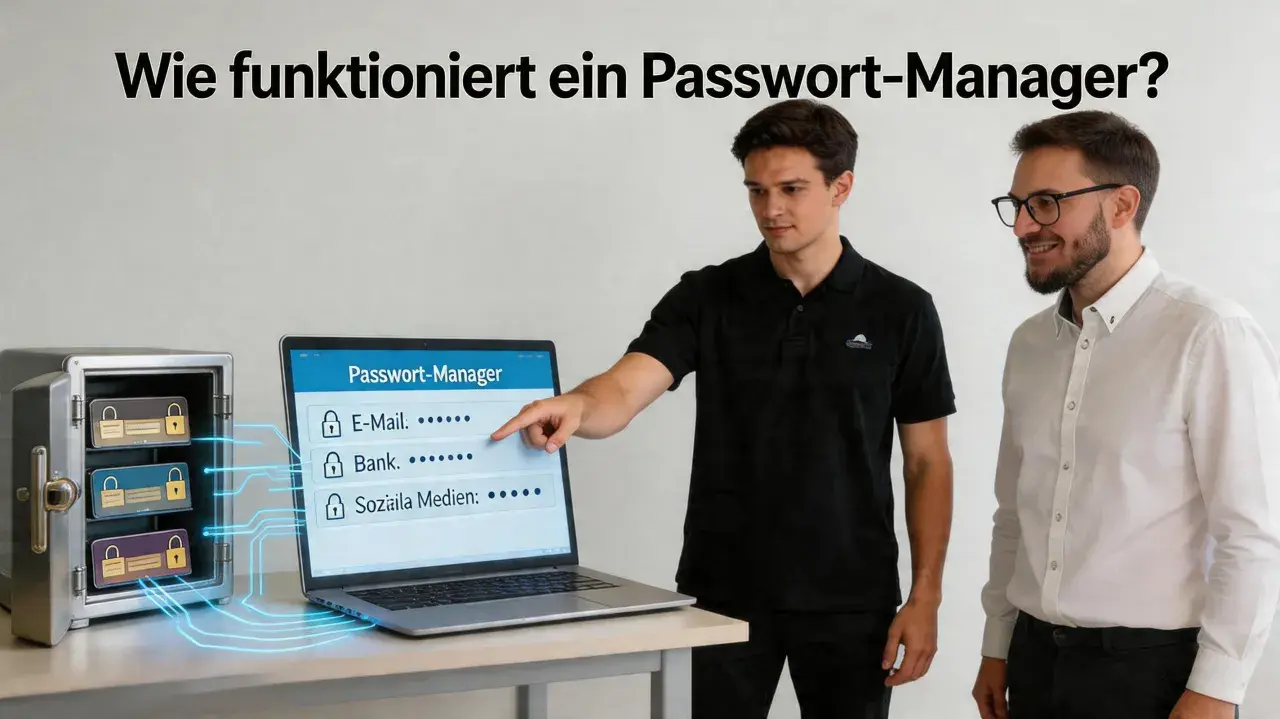 Zwei Männer erklären, wie funktioniert ein Passwort-Manager. Ein Tresor mit Passwortkarten und ein Laptop zeigen die sichere Speicherung.
