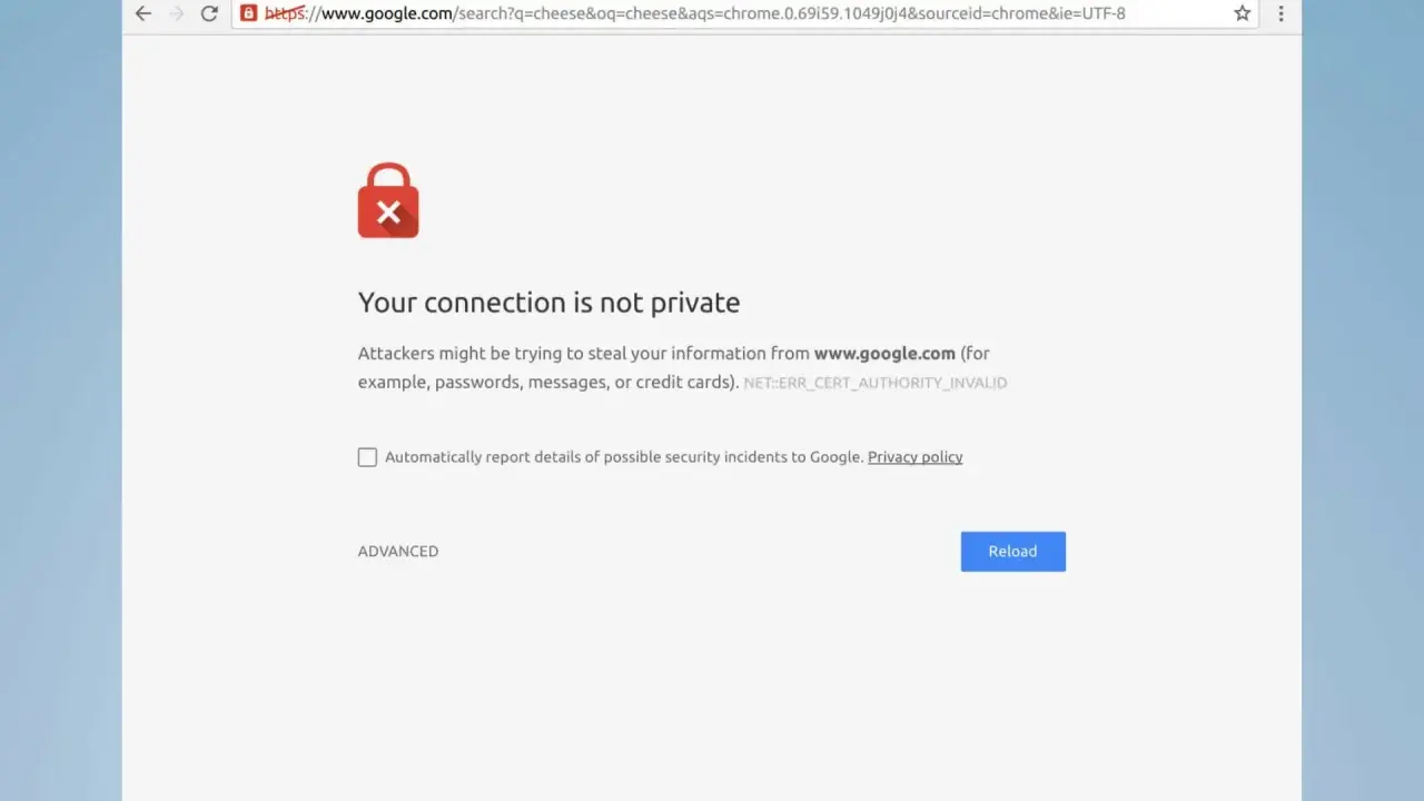 Chrome zeigt eine Datenschutzfehlermeldung: "Ihre Verbindung ist nicht privat" wegen eines err_ssl_version_or_cipher_mismatch.