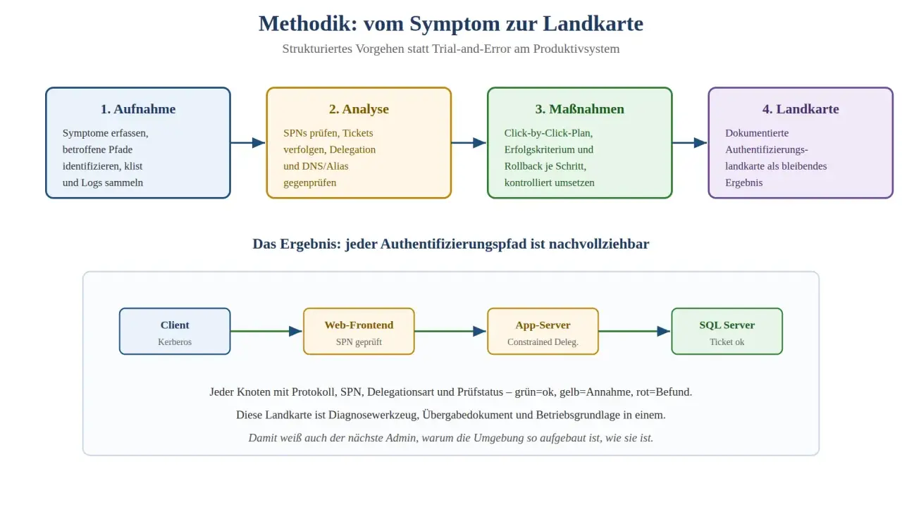 Diagramm zeigt Methodik zur Erstellung einer Landkarte, die den Authentifizierungspfad, z.B. mit Kerberos, dokumentiert.
