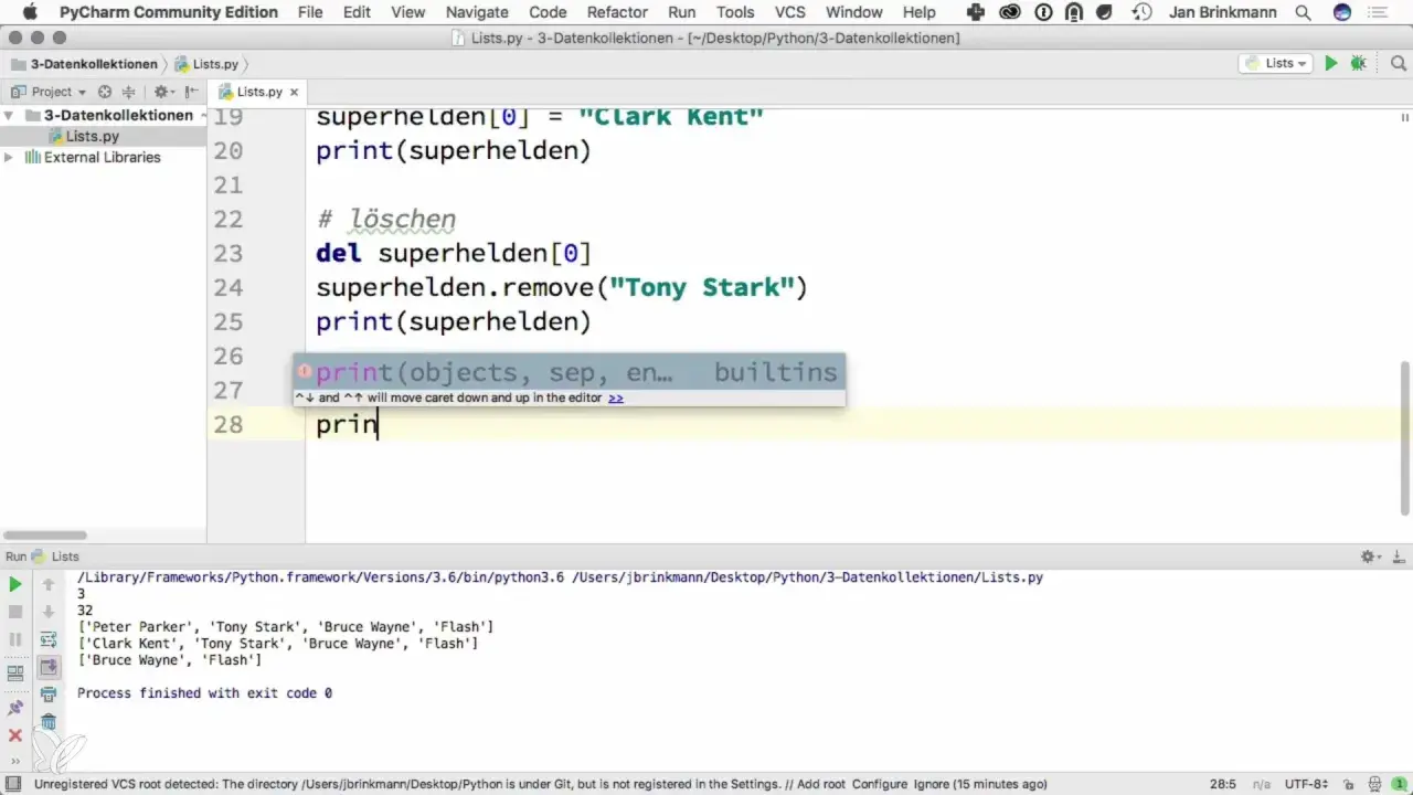 Python Grundlagen: Code zeigt Listenmanipulation in PyCharm. Superhelden werden hinzugefügt und entfernt.