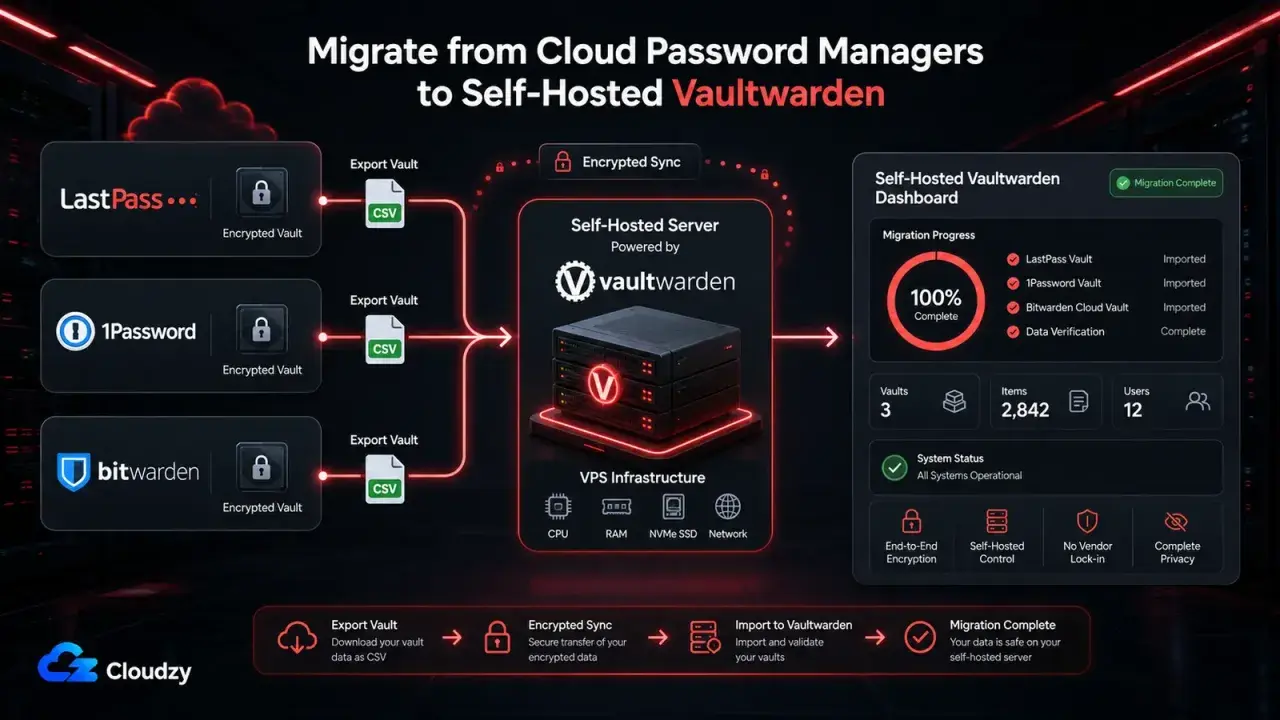 Migration von Cloud-Passwortmanagern zu Vaultwarden. So einfach ist passwort manager selbst hosten. Datenexport, sichere Übertragung und Import.