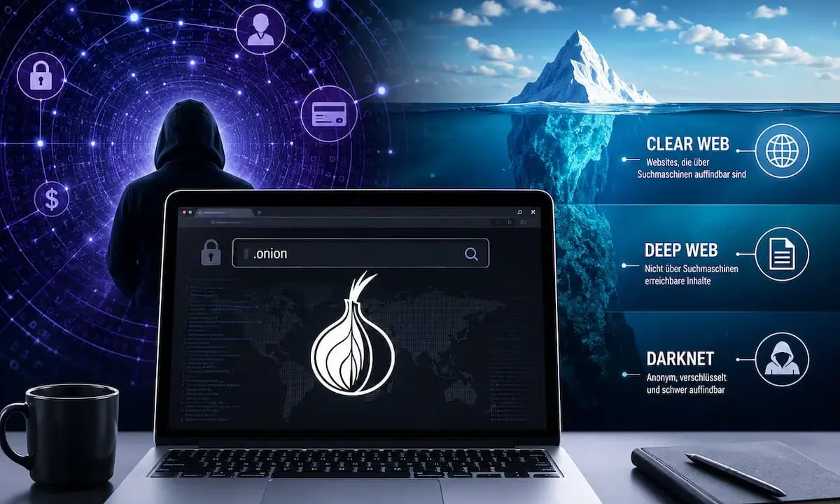 Ein Laptop zeigt die Tor-Suche, während ein Eisberg die Ebenen des Internets symbolisiert. So funktioniert das Darknet: anonym und verschlüsselt.
