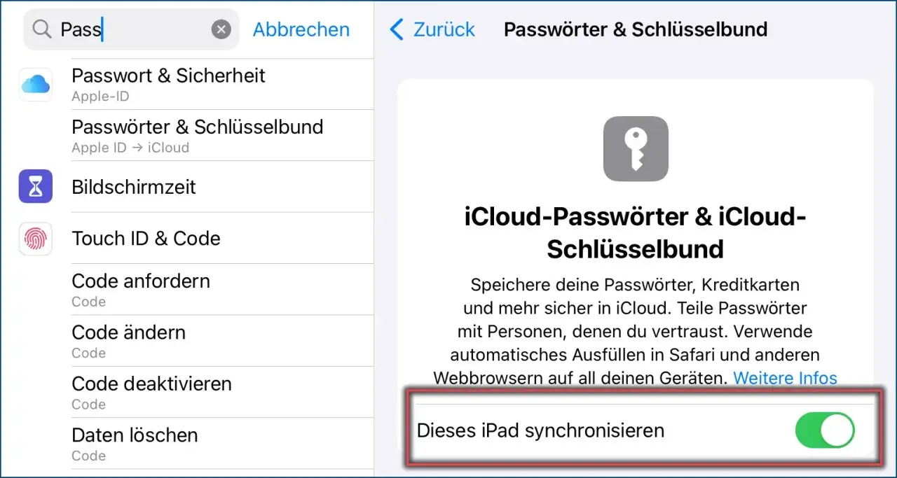So funktioniert Passkey: Einstellungen zeigen iCloud-Passwörter & Schlüsselbund. Synchronisation für dieses iPad ist aktiviert.