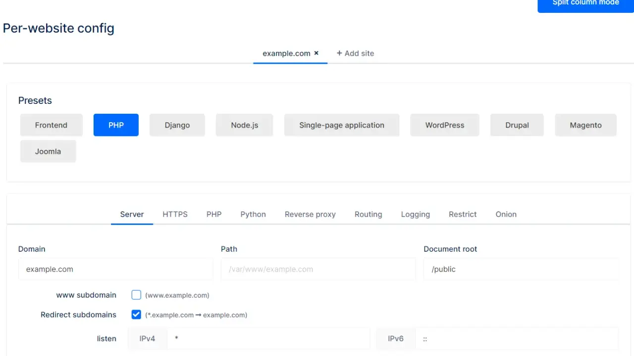 NGINXConfig-Oberfläche zur Konfiguration von example.com. Hier werden Server-Einstellungen, Pfade und die Weiterleitung von Subdomains für eine nginx config comment bearbeitet.