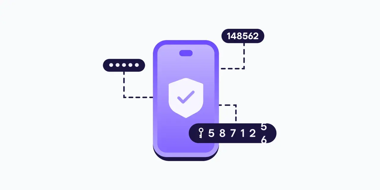 Sichere Anmeldung: Smartphone mit Sicherheitsschild, Passwortpunkte, Schlüssel und TOTP-Codes (z.B. 148562, 958712).