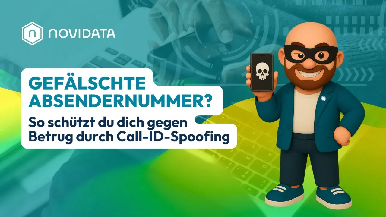 Ein Mann mit Maske hält ein Handy mit Totenkopf-Symbol. Text: "Gefälschte Absendernummer? So schützt du dich gegen Betrug durch Call-ID-Spoofing". So kannst du Spoofing erkennen.