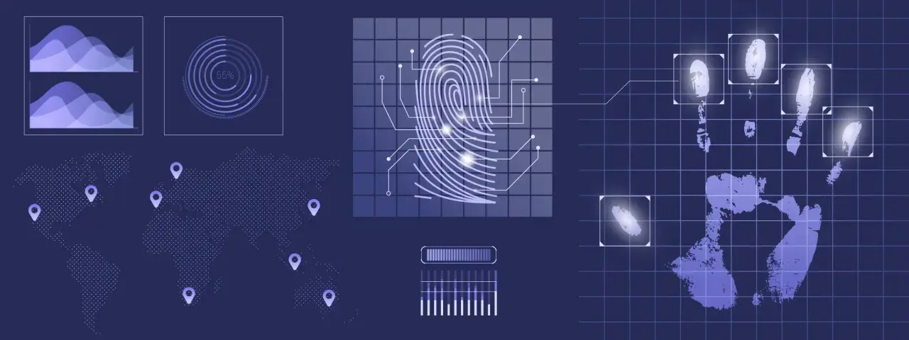 Digitale Darstellung von biometrischer Erkennung mit Fingerabdruck-Scan, Handabdruck-Analyse und Weltkarte mit Markierungen.