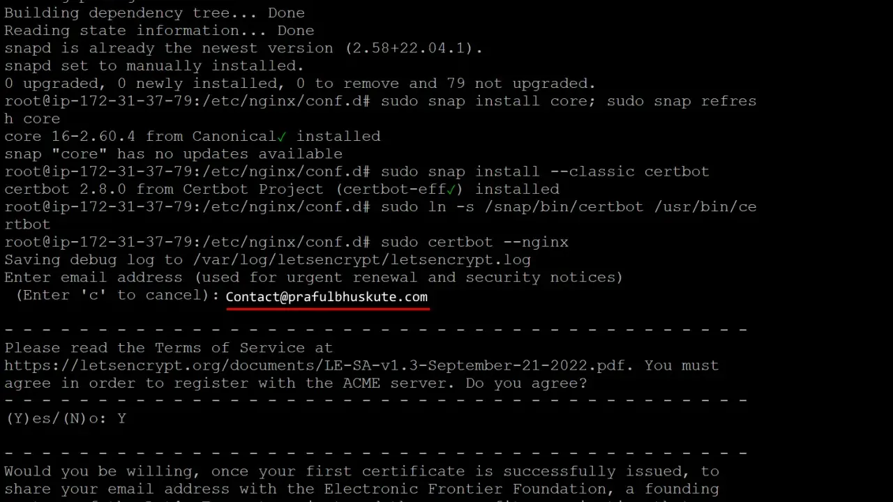 Installation von Certbot auf Ubuntu mit Snap. E-Mail-Adresse für Benachrichtigungen wird eingegeben.