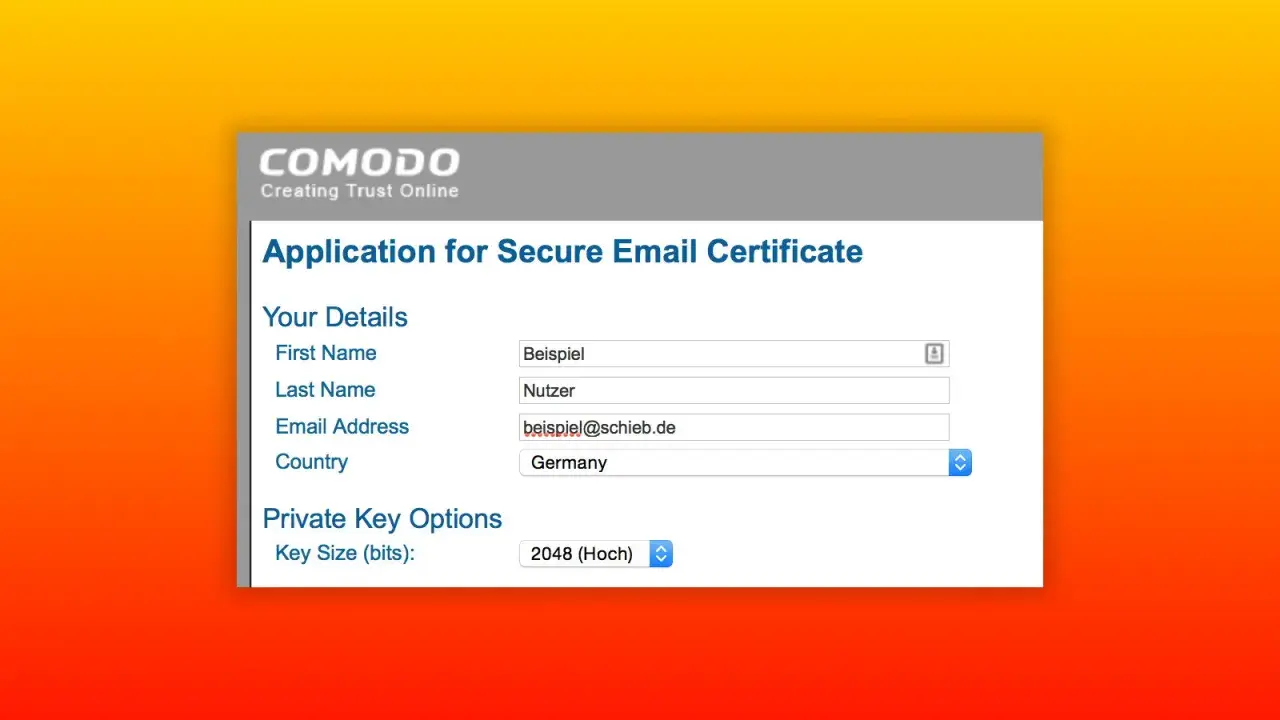 Antrag auf ein sicheres E-Mail-Zertifikat von Comodo. Hier können Sie ein kostenloses S/MIME-Zertifikat beantragen, indem Sie Ihre Daten eingeben.
