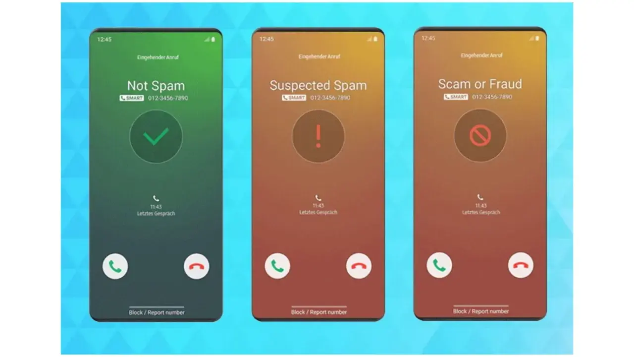 Drei Handy-Bildschirme zeigen, was bedeutet Spam auf dem Handy: "Not Spam" (grün), "Suspected Spam" (orange) und "Scam or Fraud" (rot).