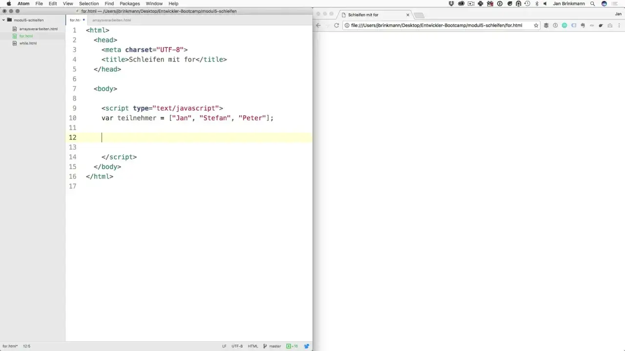 HTML-Code mit JavaScript, der eine Schleife mit dem Schlüsselwort "for" vorbereitet, um Teilnehmernamen auszugeben.
