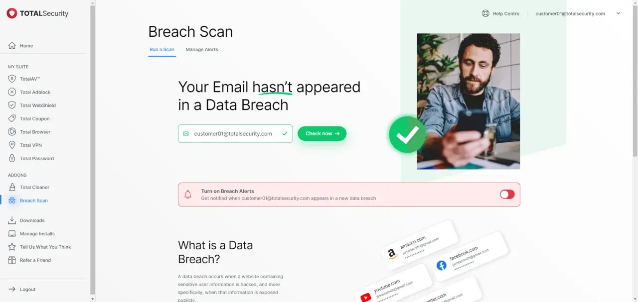 Der **data breach scanner** zeigt, dass Ihre E-Mail sicher ist. Überprüfen Sie Ihre Konten auf potenzielle Datenlecks.
