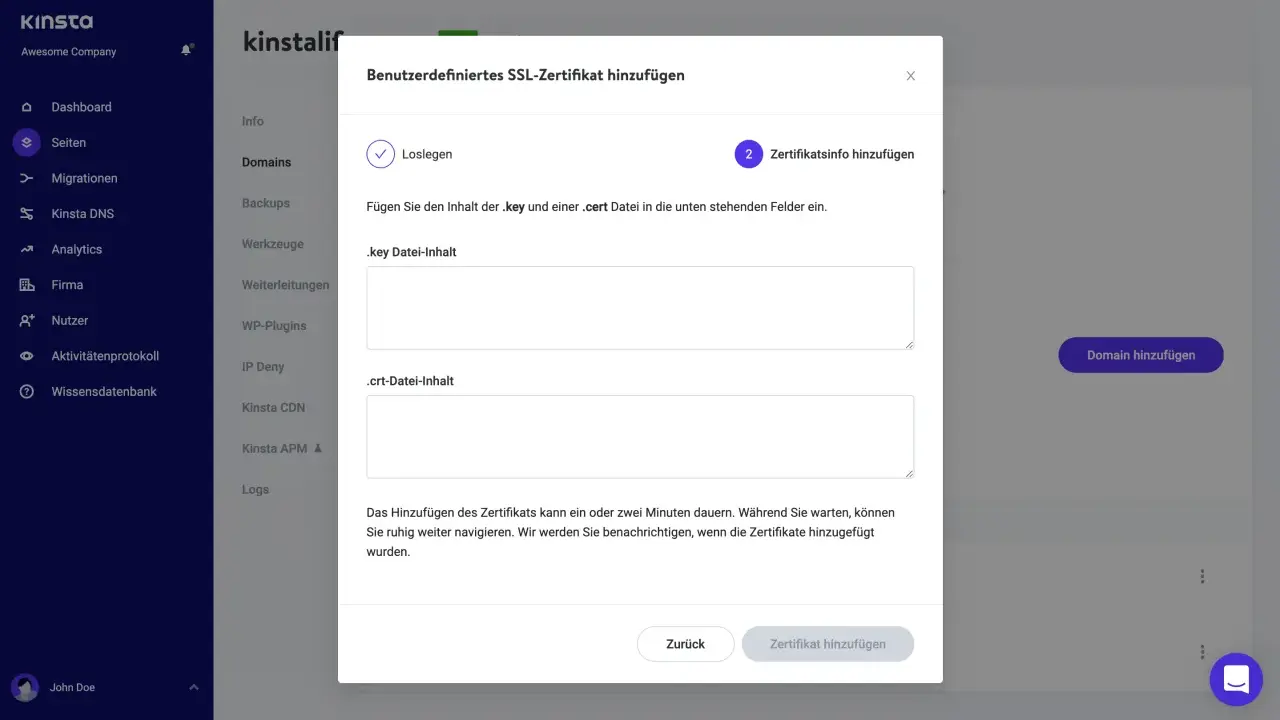 Benutzerdefiniertes SSL-Zertifikat hinzufügen: Inhalte der .key und .crt-Dateien einfügen, um das SSL-Zertifikat zu installieren.