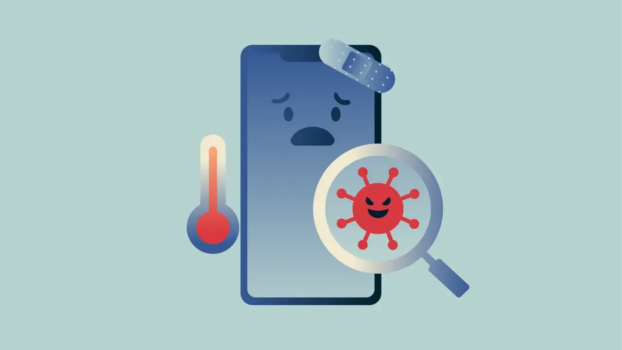 Trauriges Smartphone mit Pflaster, Thermometer und Lupe, die ein böses Virus zeigt. Das ist Scareware, die Angst macht.