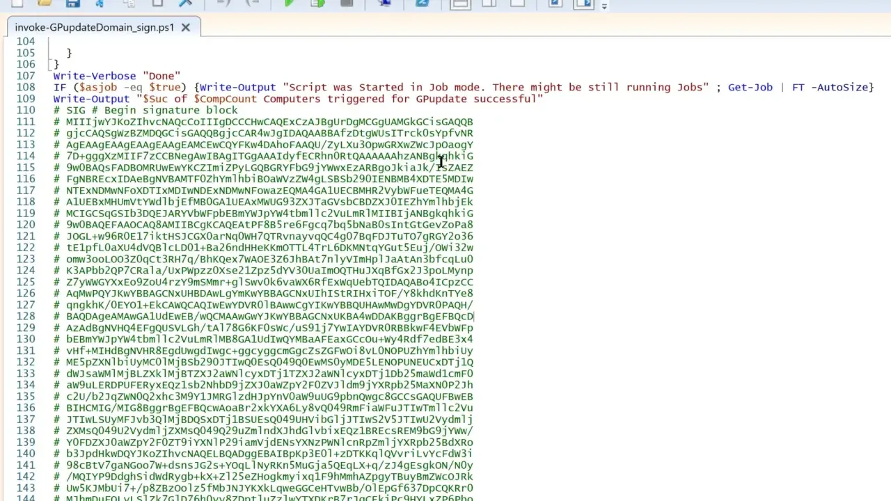 PowerShell-Skript zur Ausführung von `invoke-GPupdateDomain_sign.ps1`. Zeigt den Status von Jobs und die Anzahl der betroffenen Computer an.