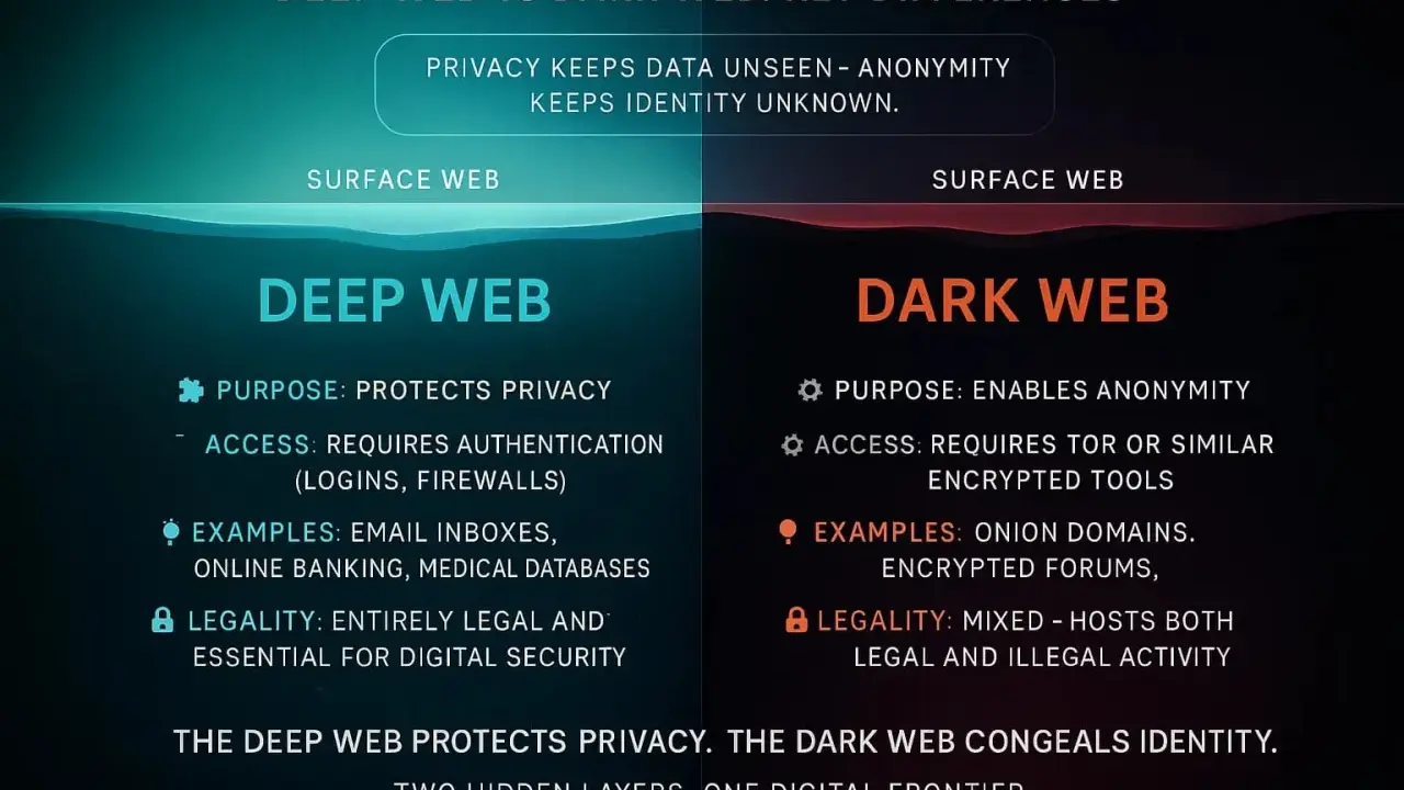 Vergleich von Deep Web und Dark Web: Deep Web schützt Privatsphäre, Dark Web ermöglicht Anonymität. Unterschiede bei Zweck, Zugang und Legalität.