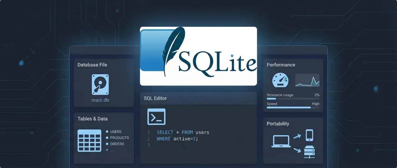 SQLite ist eine leichte, dateibasierte Datenbank. Das Bild zeigt die Benutzeroberfläche mit SQL-Editor, Performance- und Portabilitätsanzeigen.