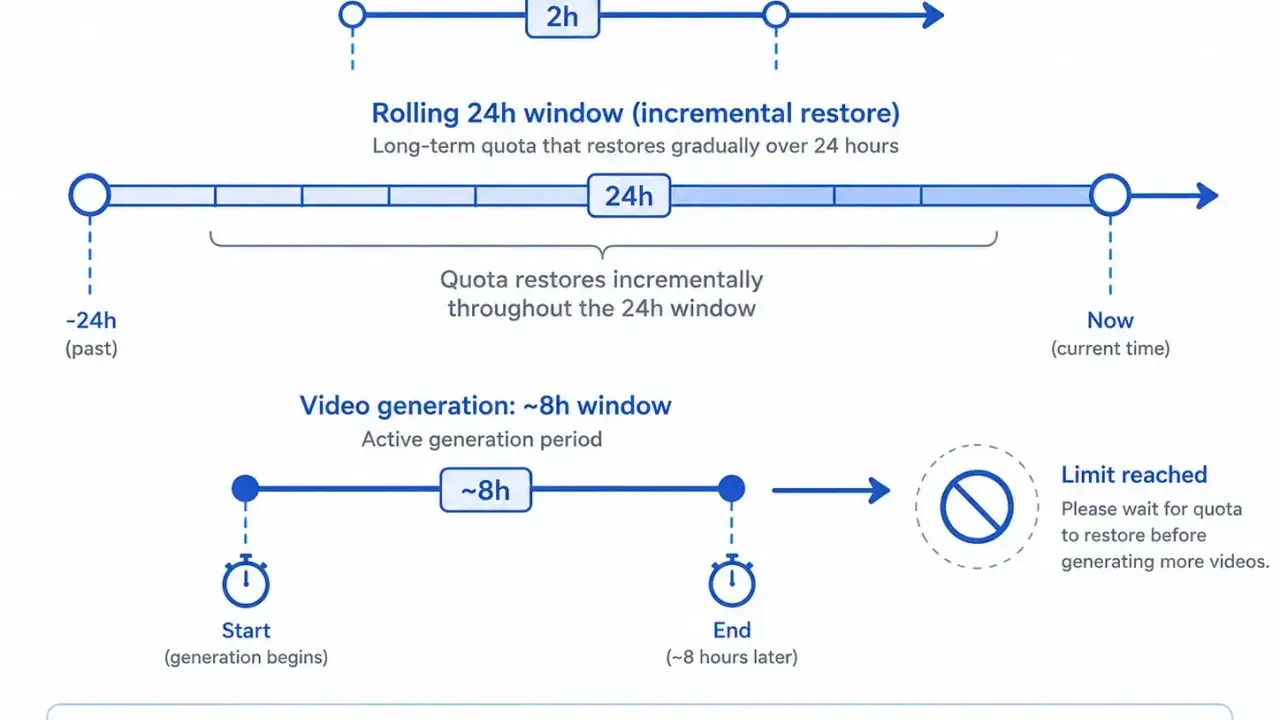 Zeitfenster für Videogenerierung: ~8h. Wenn der **rate limit reached** erreicht ist, muss auf Quota-Wiederherstellung gewartet werden.