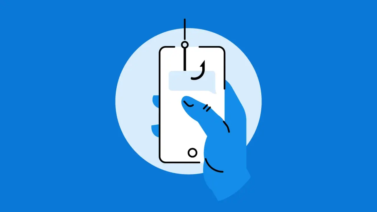 Ein Haken über einem Smartphone symbolisiert die Gefahr von kreditkartenbetrug im internet. Vorsicht vor Phishing-Nachrichten!