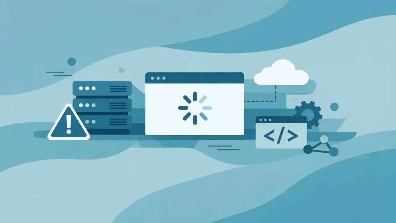 Server-Fehler: nginx no resolver defined to resolve. Ladeanzeige, Warnsymbol und Code-Symbol deuten auf Probleme hin.