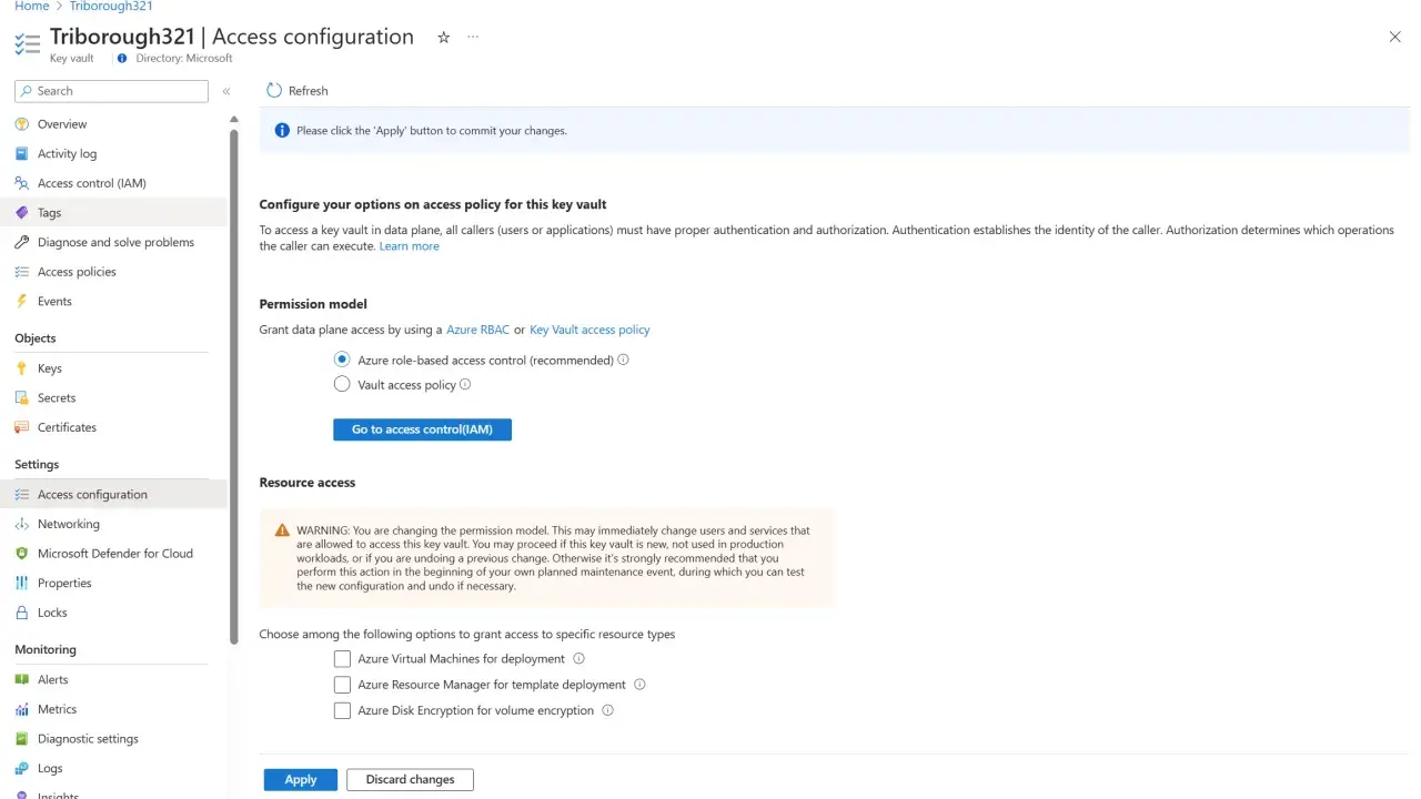 Konfiguration der Zugriffsrichtlinien für einen Azure Vault. Hier wird das Berechtigungsmodell für den Zugriff auf den Key Vault festgelegt.