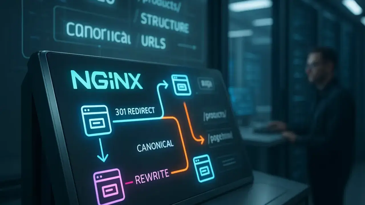 NGINX-Diagramm zeigt 301-Redirect, Canonical und Rewrite, die für SEO und URL-Struktur wichtig sind. Die Verwendung von nginx location regex ist hier zentral.