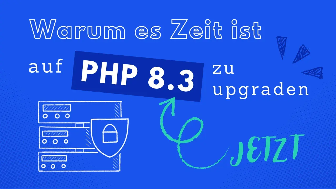 Warum es Zeit ist auf PHP 8.3 zu upgraden. Ein Server-Symbol mit Schild und Schloss deutet auf Sicherheit hin, passend zu den neuen Features, die durch PHP RFCs ermöglicht werden. JETZT!