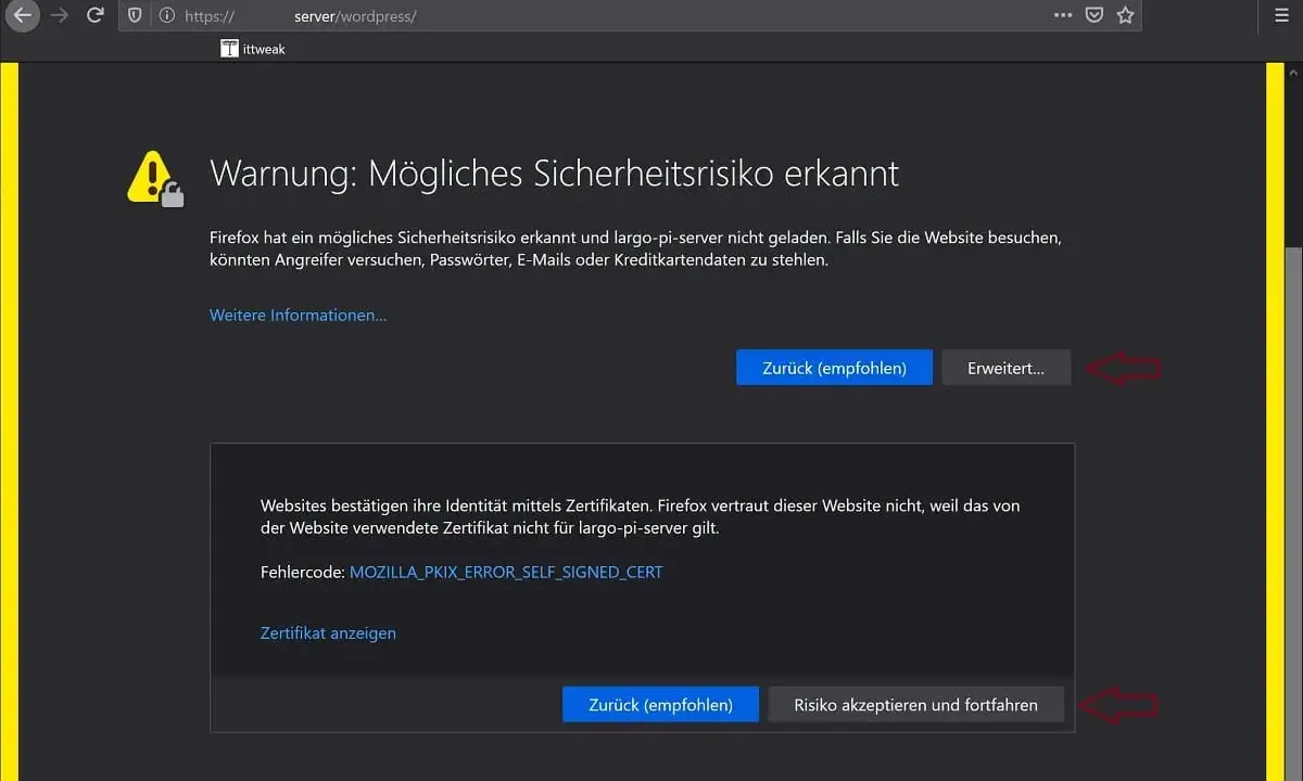 Firefox-Warnung: Mögliches Sicherheitsrisiko wegen eines selbstsignierten Apache-Zertifikats. MOZILLA_PKIX_ERROR_SELF_SIGNED_CERT.