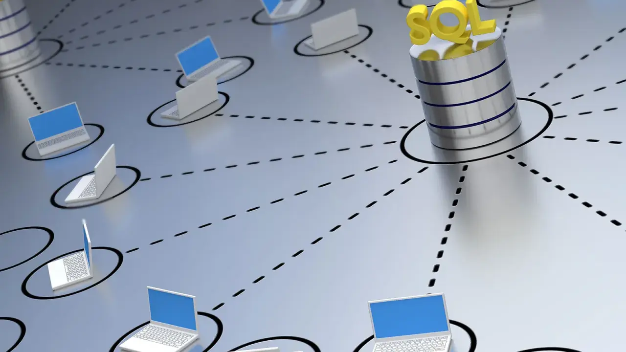Vernetzte Laptops greifen auf eine SQL-Datenbank zu. Das Bild symbolisiert das Programmieren von Datenbanken in einem Netzwerk.