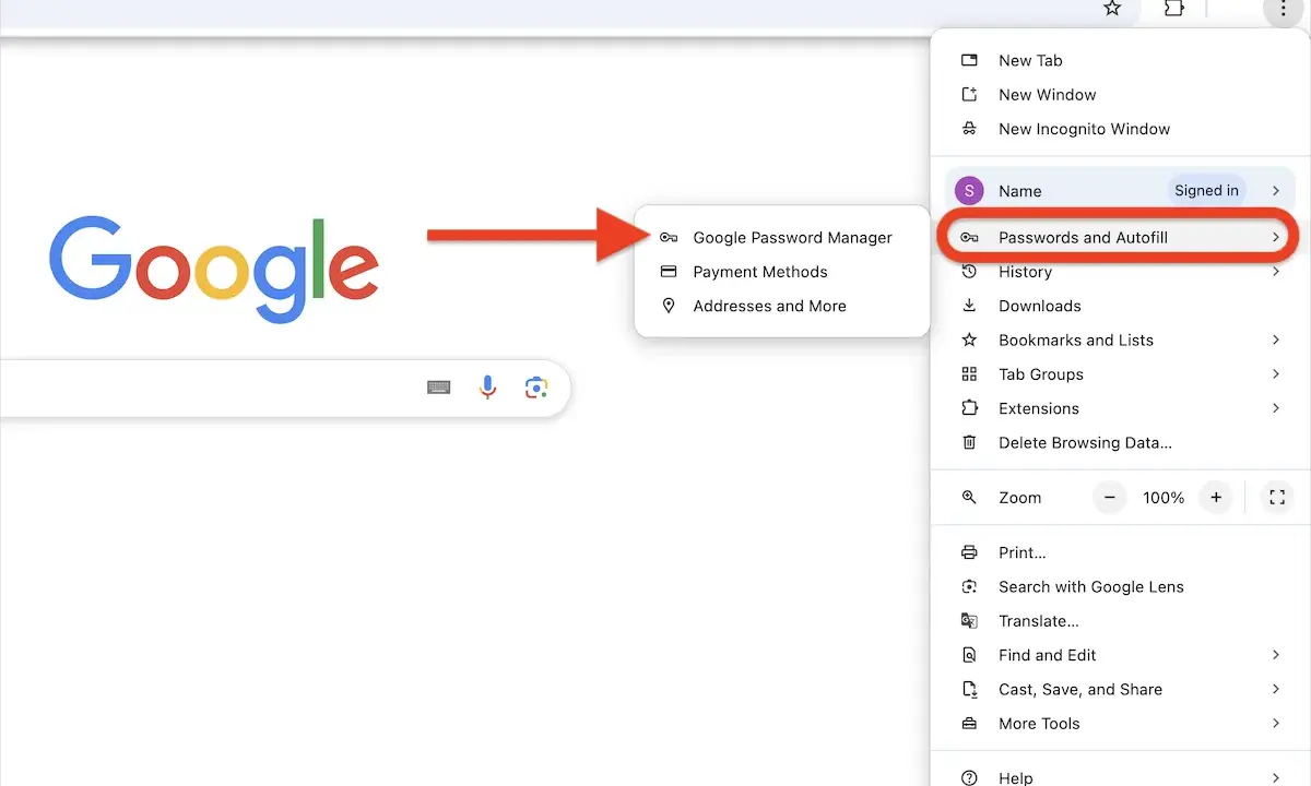 Google Chrome Menü: "Passwörter und Autofill" auswählen, um den Google Passwortmanager zu deaktivieren.