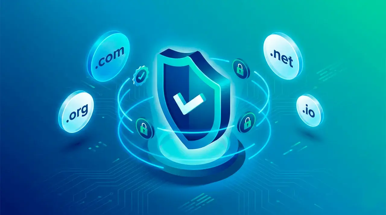 Sicheres Domain-Management: Schild mit Häkchen, umgeben von .com, .org, .net, .io und Schlössern. Kein curl error 60 hier!