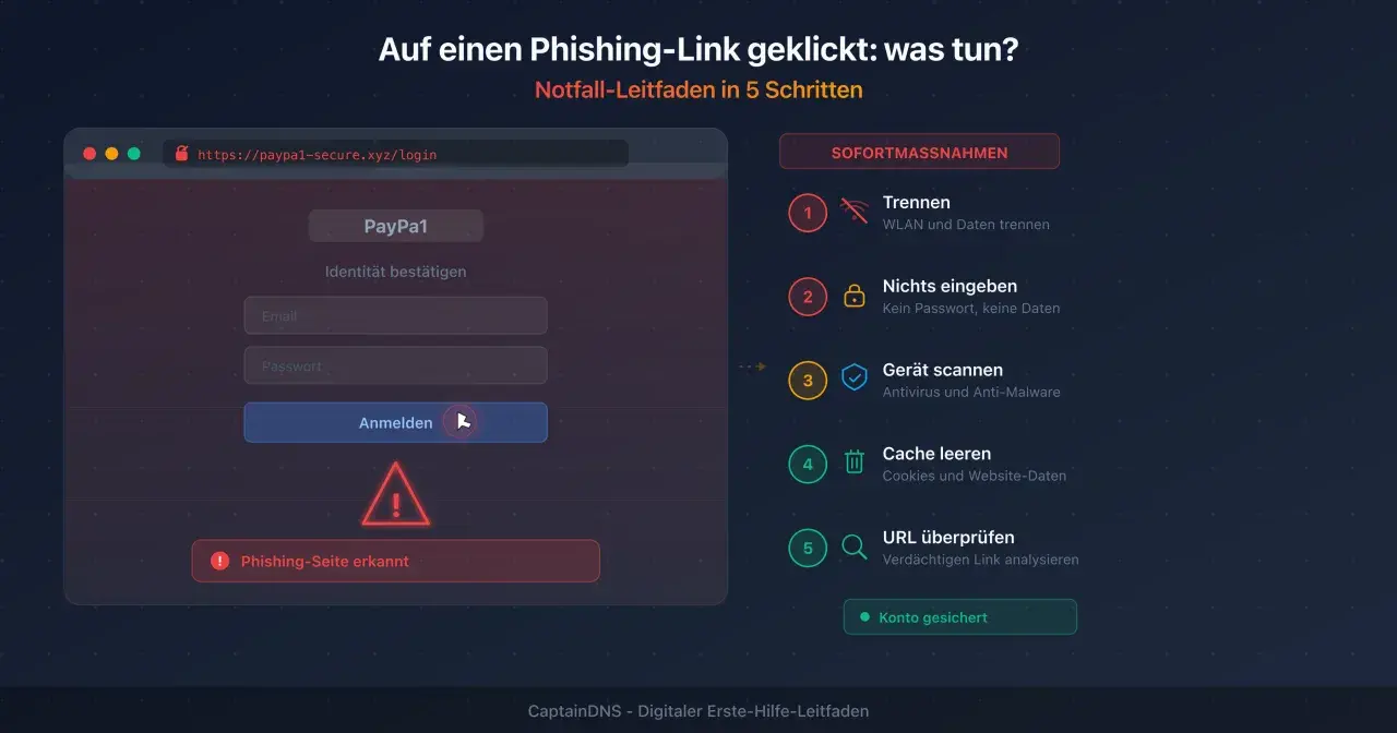 Auf einen Phishing-Link geklickt? Hier ist der Notfall-Leitfaden: Trennen, nichts eingeben, Gerät scannen, Cache leeren, URL prüfen.