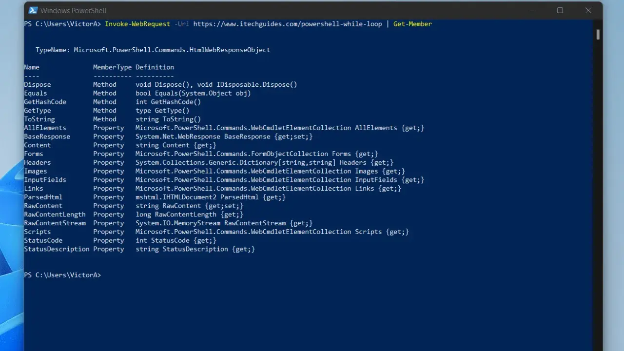 PowerShell-Fenster zeigt `Invoke-WebRequest` mit `Get-Member`, um die Eigenschaften des `HtmlWebResponseObject` zu untersuchen.