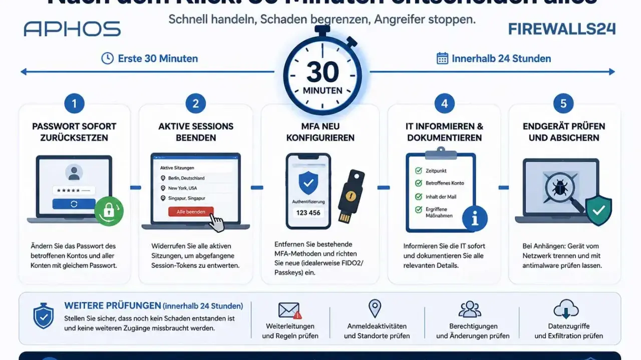 Schutz vor Smishing: 5 Schritte nach einem Klick. Passwort ändern, Sitzungen beenden, MFA neu konfigurieren, IT informieren, Endgerät prüfen. Schnell handeln!