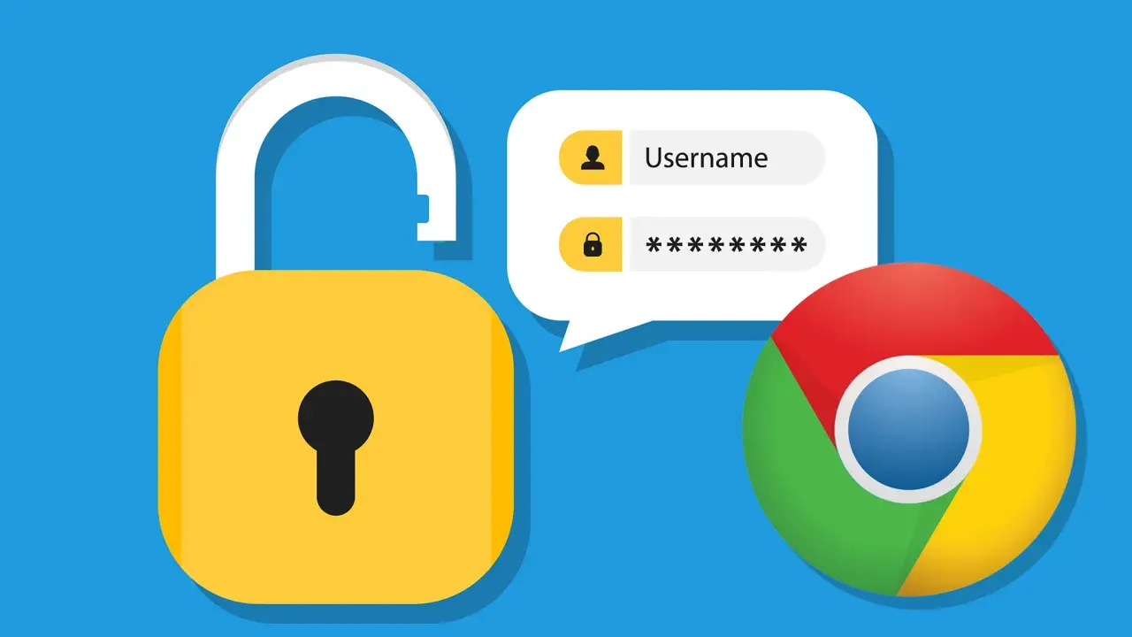 Offenes Schloss, Login-Feld und das Google Chrome-Logo symbolisieren den Google Chrome Passwortmanager.