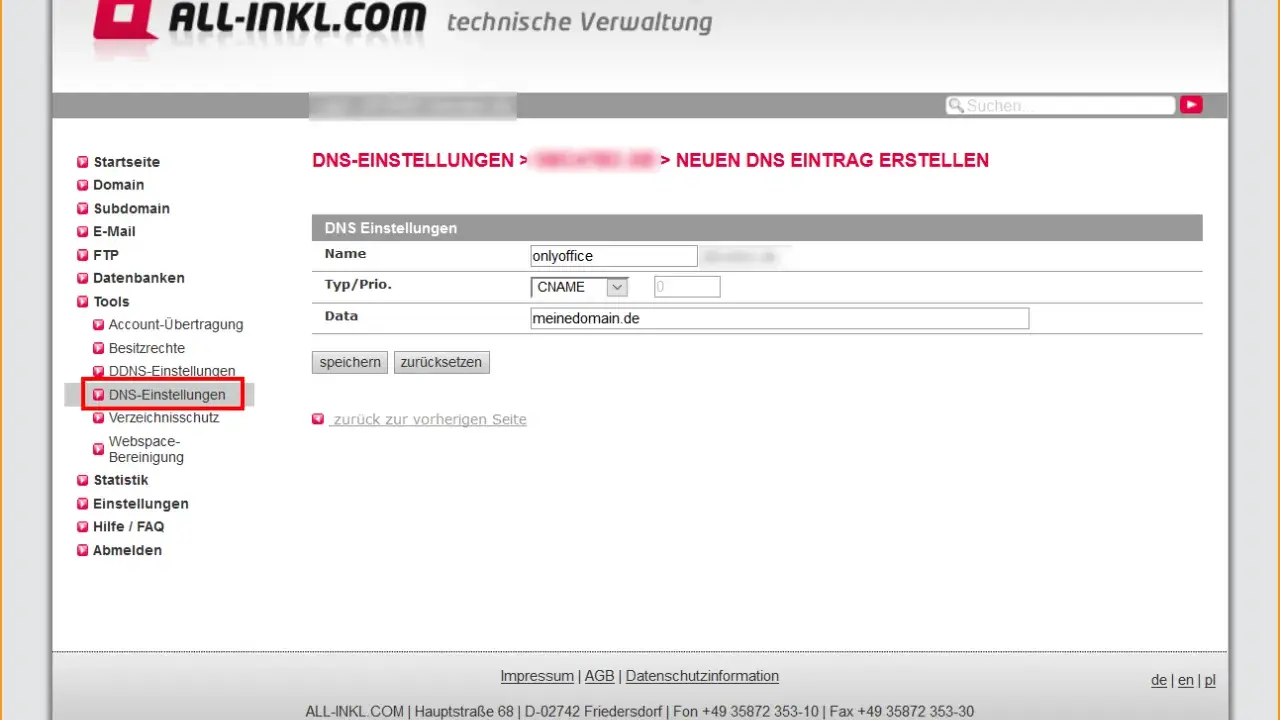 Konfiguration eines DNS-Eintrags für "onlyoffice" auf "meinedomain.de". Hier werden die DNS-Einstellungen für multiple Domains verwaltet.