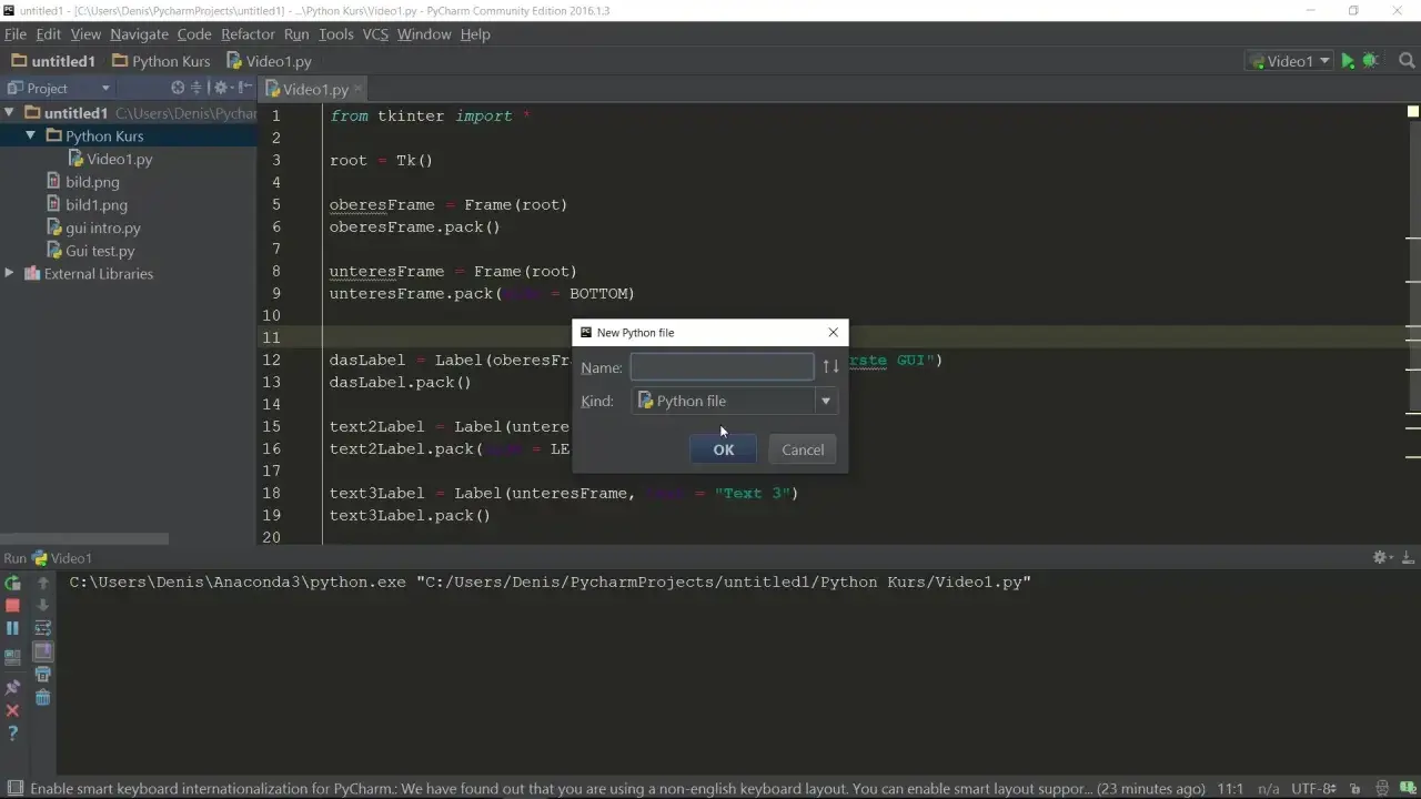 Ein Dialogfenster "New Python file" mit einem Eingabefeld für den Namen und der Option "Python file" ist geöffnet. Ein tkinter button "OK" ist sichtbar.