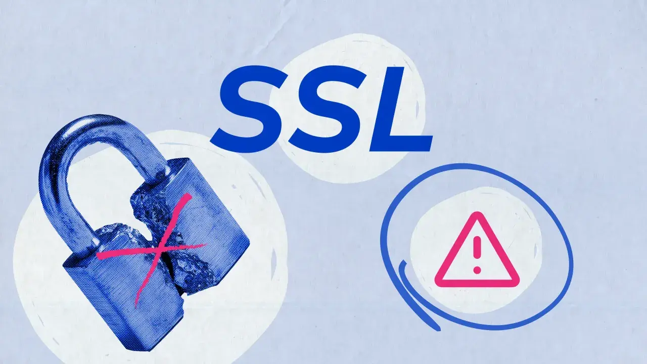Ein kaputtes Vorhängeschloss mit einem roten Kreuz und ein Warnsymbol. Das Wort "SSL" steht groß im Bild. Es zeigt Probleme beim SSL einrichten.