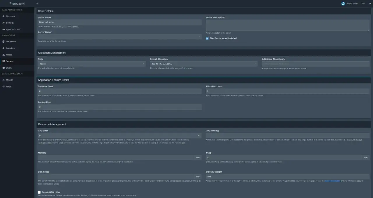 Pterodactyl-Panel-Einstellungen für einen Minecraft-Server, inklusive CPU-Limit, Speicher und Festplattenspeicher.