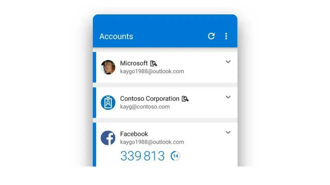 Kontenliste mit Microsoft, Contoso und Facebook-Konten. Ein Azure Password Manager könnte hier nützlich sein.