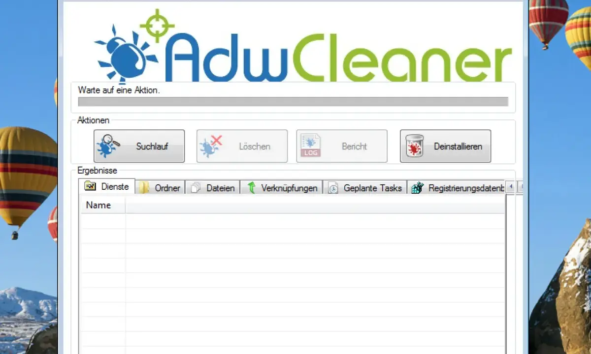AdwCleaner-Fenster zeigt Optionen zum adware entfernen. Suche, Löschen und Deinstallieren sind verfügbar.
