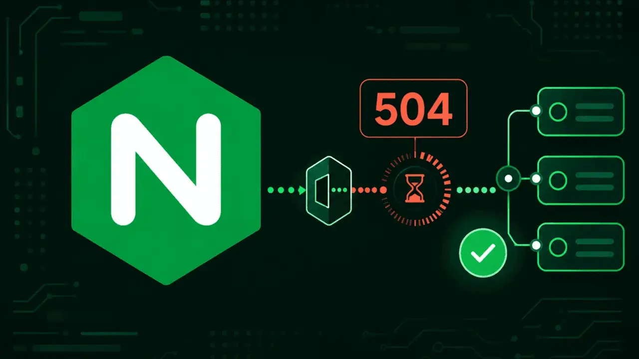 Nginx-Logo, 504-Fehler, Sanduhr-Symbol und ein grüner Haken. Dies illustriert den nginx proxy_read_timeout.