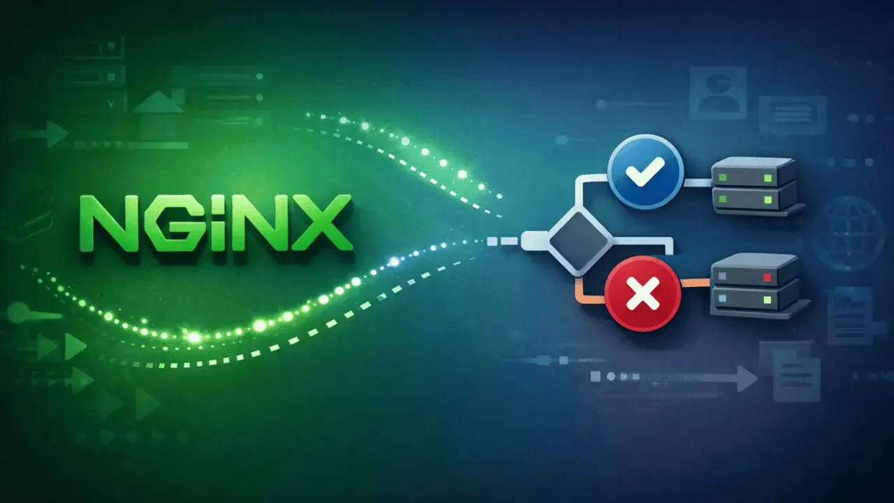 NGINX-Logo mit einem Flussdiagramm, das eine Entscheidung trifft: entweder Erfolg (grüner Haken) oder Fehler (rotes Kreuz), mit Servern und Symbolen.